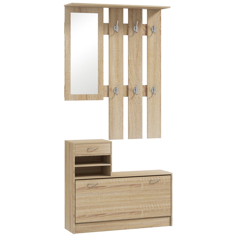 HOMCOM Modernes Flurmöbel-Set mit Schuhschrank und Spiegel, Garderobe für den Eingangsbereich mit 6 Haken, 2 verstellbaren Ablagen und Schubladen, Holz, Eiche   Aosom von HOMCOM
