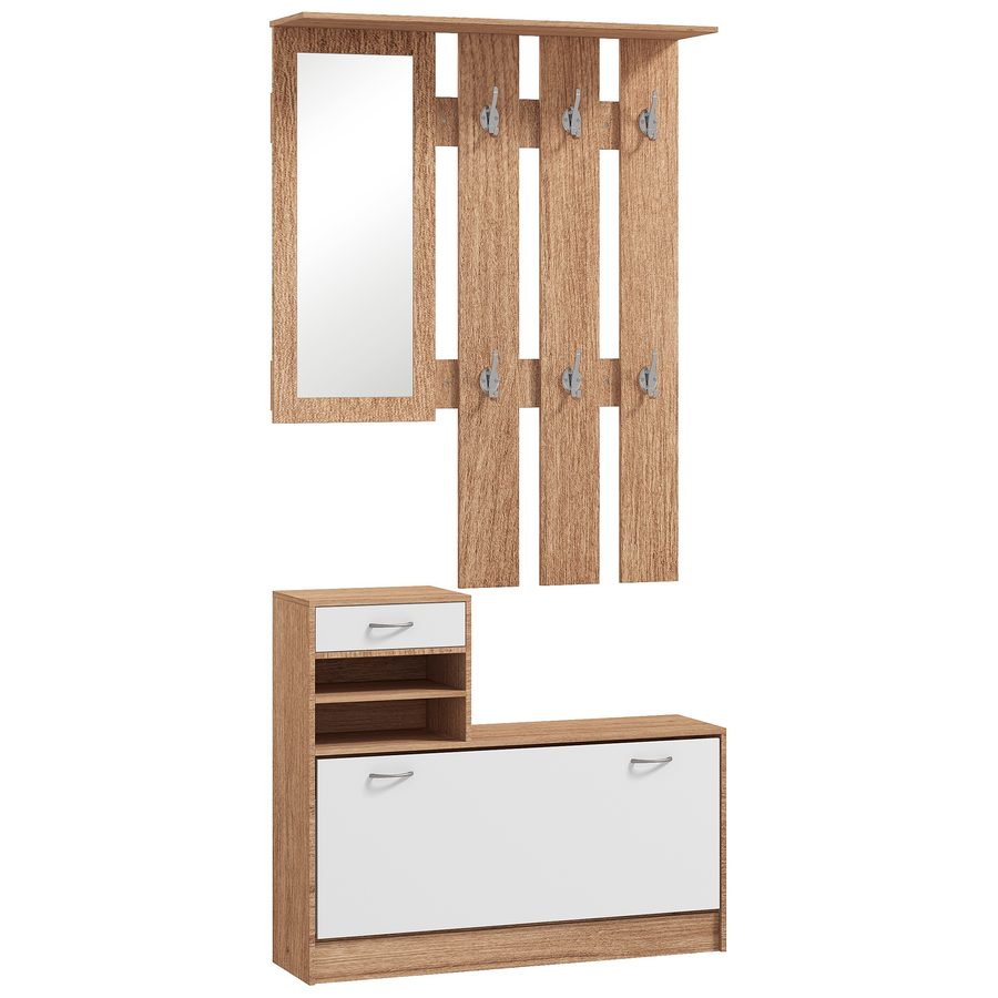 HOMCOM 3-in-1 Eingangsmöbelset Garderobe mit Garderobenpaneel, Spiegel und Schuhschrank - 6 Haken und verstellbares Regal, Nussbaum und Weiß   Aosom von HOMCOM