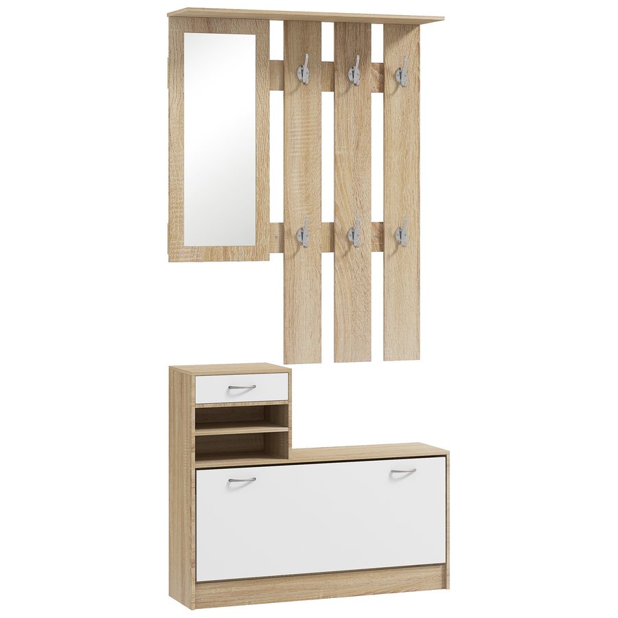HOMCOM 3-in-1 Entryway Möbel Set Garderobe mit Garderobenpaneel, Spiegel und Schuhschrank - 6 Haken und verstellbares Regal, natürliches Holz und Weiß   Aosom von HOMCOM