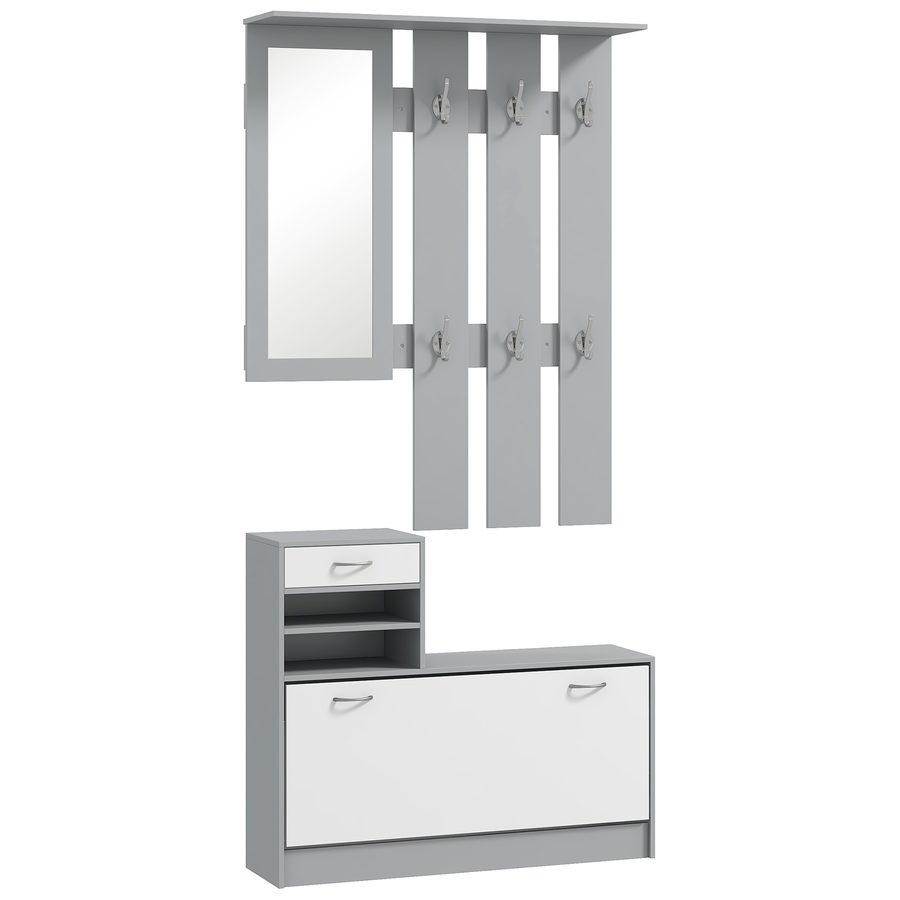 HOMCOM Modernes Flurmöbel-Set mit Schuhschrank und Spiegel, Garderobe mit 6 Haken, 2 verstellbaren Ablagen und Schubladen aus Holz für Flur, 90x10x91 cm, Weiß und Dunkelgrau   Aosom von HOMCOM