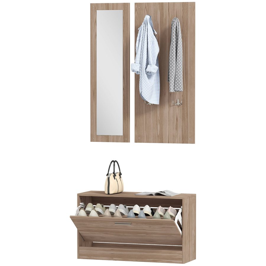 HOMCOM Set Möbel Eingang 3-teilig mit Schuhbank, Wandgarderobe und Spiegel, Kleiderschrank für Schlafzimmer und Flur aus Holz, 80x27x46.5 cm, Dunkelbraun   Aosom von HOMCOM