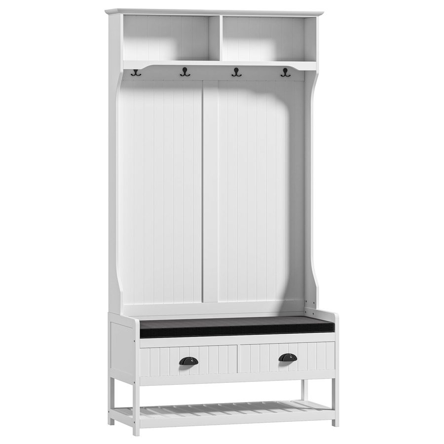 HOMCOM 2-in-1 Garderobenständer, Kleiderständer mit 4 Haken, Garderobe mit Schuhbank und Ablagen, Jackenständer mit Kippschutz, für Eingangsbereich, Flur, Schlafzimmer, Weiß+Grau   Aosom von HOMCOM