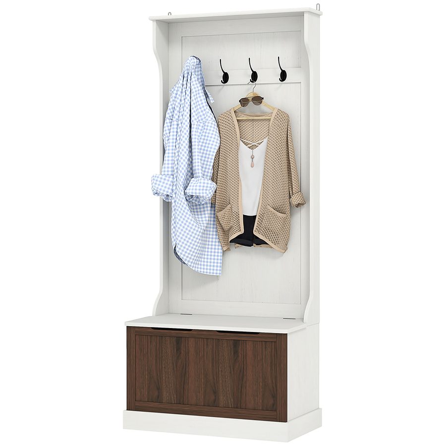 HOMCOM 3 in 1 Garderobenständer mit Schuhschrank, platzsparender Bodengarderobe mit 4 Haken und Sitzbank, aus MDF, für Flur, Schlafzimmer, 71,5x39,5x170 cm, Weiß und Braun   Aosom von HOMCOM