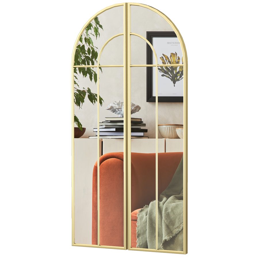 HOMCOM Bogen-Wandspiegel 60 x 120 cm, großer dekorativer Fensterspiegel mit Metallrahmen, Bogenfensterspiegel für Wohnzimmer, Schlafzimmer, Flur, in Gold   Aosom von HOMCOM