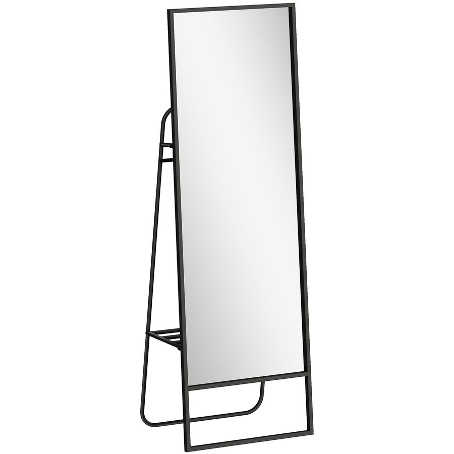 HOMCOM Ganzkörperspiegel 157 x 50 cm Rechteckiger Standspiegel mit Regal, 2 Haken und Metallrahmen, Großer Spiegel, Ankleidespiegel für Schlafzimmer, Wohnzimmer, Flur, Schwarz   Aosom von HOMCOM