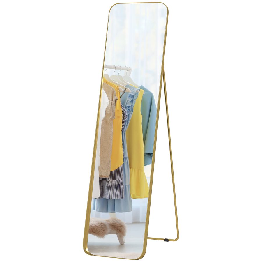 HOMCOM Ganzkörperspiegel 160 x 40 cm verjüngender Standspiegel mit Metallrahmen und Bruchsichere Glas, Wandspiegel zum Stehen, Anlehnen, Spiegel für Wohnzimmer, Schlafzimmer, Flur, Gold   Aosom von HOMCOM