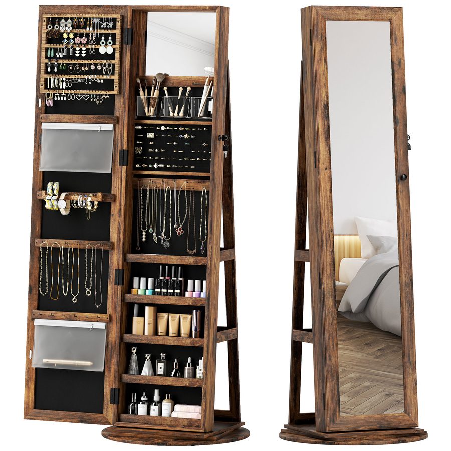 HOMCOM Schmuckschrank Ganzkörperspiegel 360° drehbar, Schmuckschrank mit Schlüsselverschluss, Ganzkörperspiegel mit 3 hinteren Regalen für Schlafzimmer und Wohnzimmer, 55x55x161 cm, Rustikales Braun   Aosom von HOMCOM