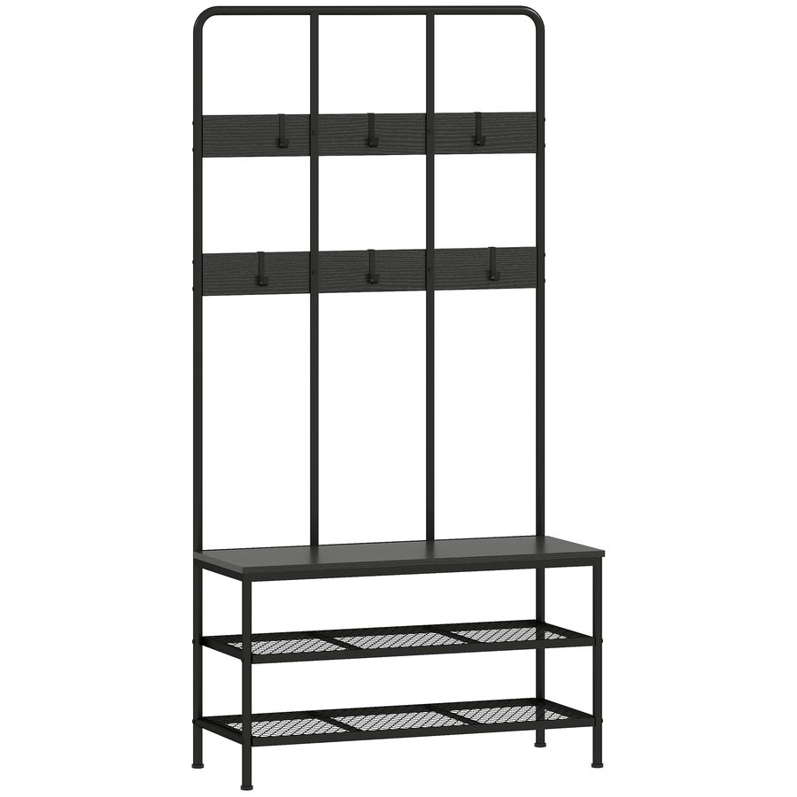 HOMCOM Garderobenständer, Kleiderständer mit Schuhbank, Garderobe mit 6 Haken, Jackenständer für Eingangsbereich, Flur, Schlafzimmer, Schwarz, 91 x 36 x 180 cm   Aosom von HOMCOM