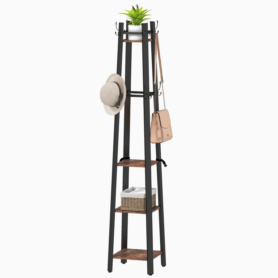 HOMCOM Garderobenständer mit 4 Ebenen, 4 Regalen, 8 Haken, Eingangsgarderobe mit Metallstruktur zum Aufhängen von Kleidung, Hut, im Flur, Wohnzimmer, Schlafzimmer, Rostbraun   Aosom von HOMCOM