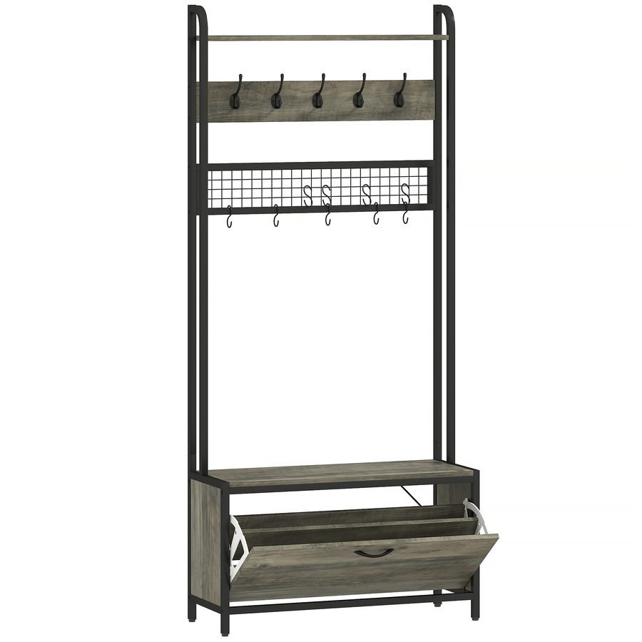 HOMCOM Schuhgarderobe 5-in-1, Garderobenständer für Eingangsbereich mit Sitzbank, Gitterpaneel, Schrank, 10 Haken, oberes Ablagebrett und Stahlrahmen, moderner Stil, für Flur, Grau   Aosom von HOMCOM