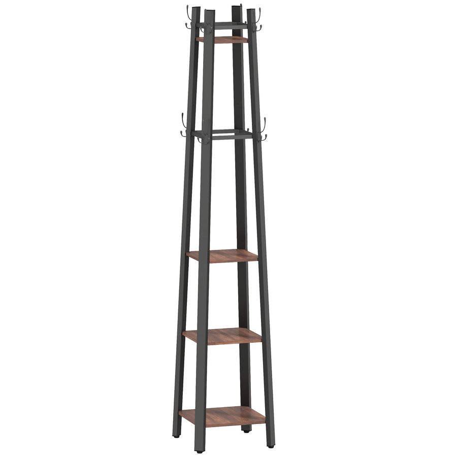 HOMCOM Garderobenständer, Kleiderständer mit 4 Ablagen und 8 Haken Garderobe Jackenständer im Industrie-Stil für Kleidung, Tasche und Hut, für Flur und Schlafzimmer Braun   Aosom von HOMCOM