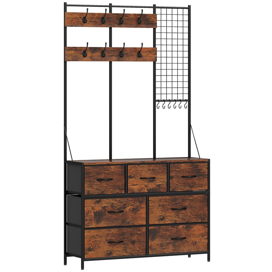HOMCOM Garderobenständer, Kleiderständer mit Kommode, 14 Haken, Garderobe mit 7 Stoff-Schubladen, Industrie-Design für Flur, Schlafzimmer, Rustikal-Braun, Höhe 183 cm   Aosom von HOMCOM