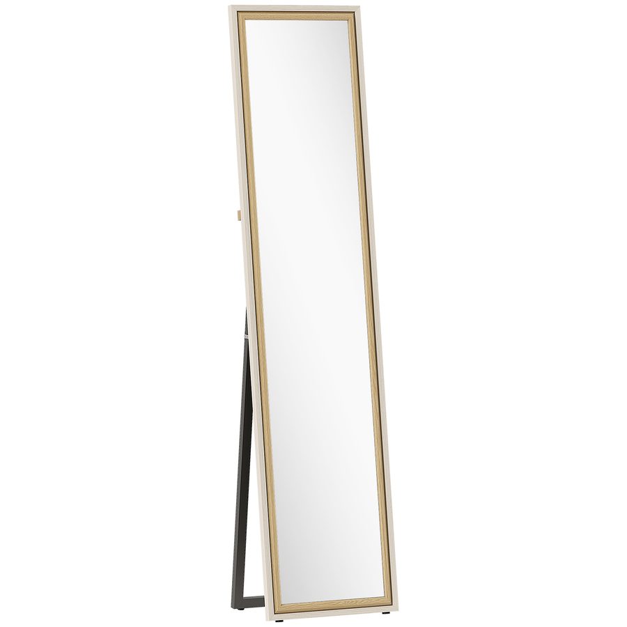 HOMCOM Ganzkörperspiegel 157x37 cm, Großer Wandspiegel mit zweifarbigem Rahmen, Standspiegel, Neigbar oder Aufhängbar, für Wohnzimmer, Schlafzimmer, Flur, Eingang, Weiß und Natur   Aosom
