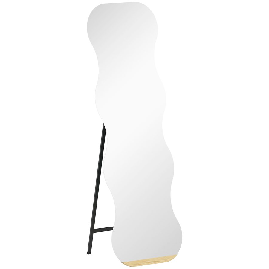 HOMCOM Ganzkörperspiegel 160 x 50 cm unregelmäßig gewellter rahmenloser Standspiegel mit Holzsockel, Wandspiegel zum Anlehnen, Stehen, Spiegel für Wohnzimmer, Schlafzimmer, Flur, Schwarz   Aosom