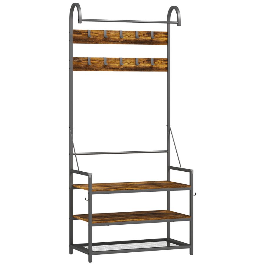 HOMCOM Garderobenständer mit Stange, 10 beweglichen Haken, Bank und 2-stufigem Schuhregal, Garderobe aus Spanplatte und Metall, Industriedesign, 80x40x182 cm, Braun und Schwarz   Aosom von HOMCOM