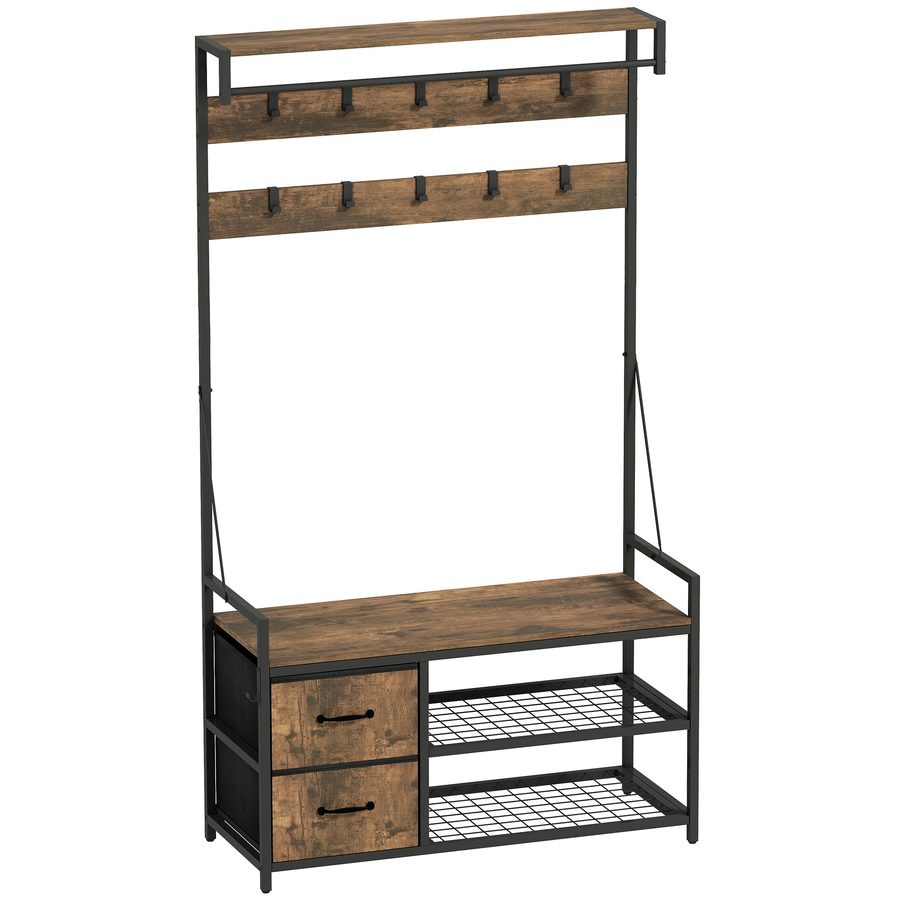 HOMCOM Garderobenständer mit Sitzbank, Kleiderständer mit 10 verstellbaren Haken, Schuhregal, Schublade, Metallrahmen, Industrie-Design für Flur, Wohnzimmer, Schlafzimmer, Rustikal Braun, Höhe 180 cm   Aosom von HOMCOM