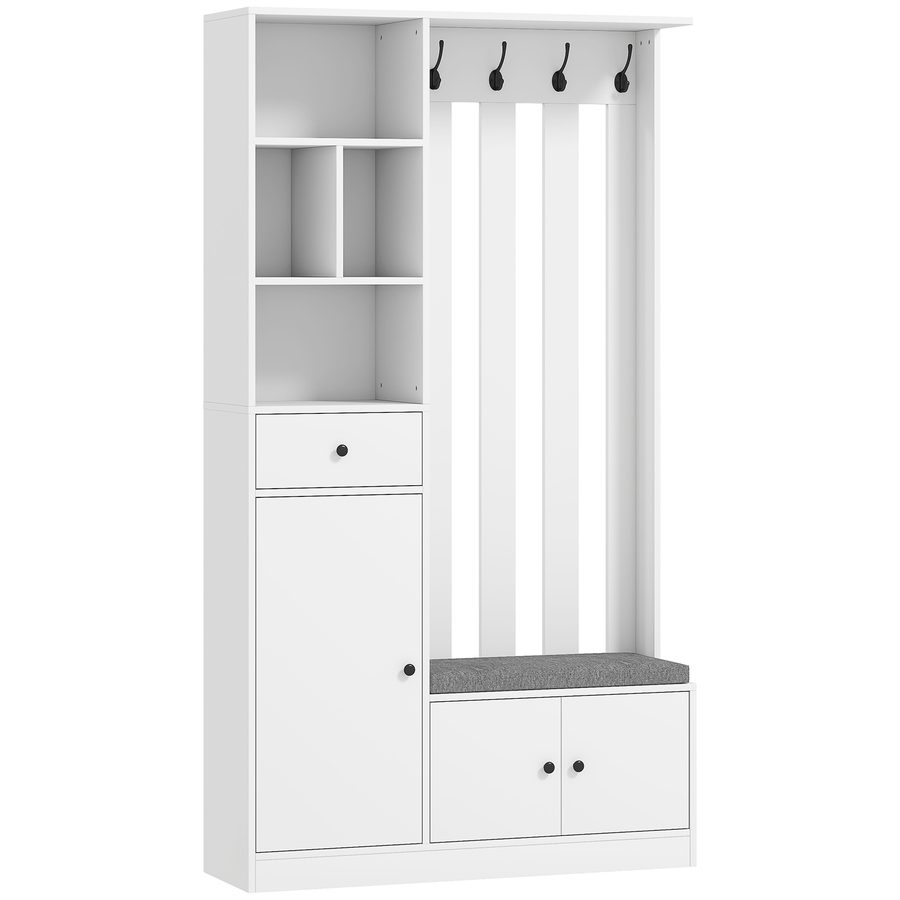 HOMCOM Garderobe Set Flurgarderobe mit Sitzbank, Schuhschrank, Verstellbarem Regal, Schublade, 4 Haken und Offenen Fächern Kompaktgarderobe  für Eingangsbereich 100 x 30 x 180 cm, Weiß   Aosom von HOMCOM