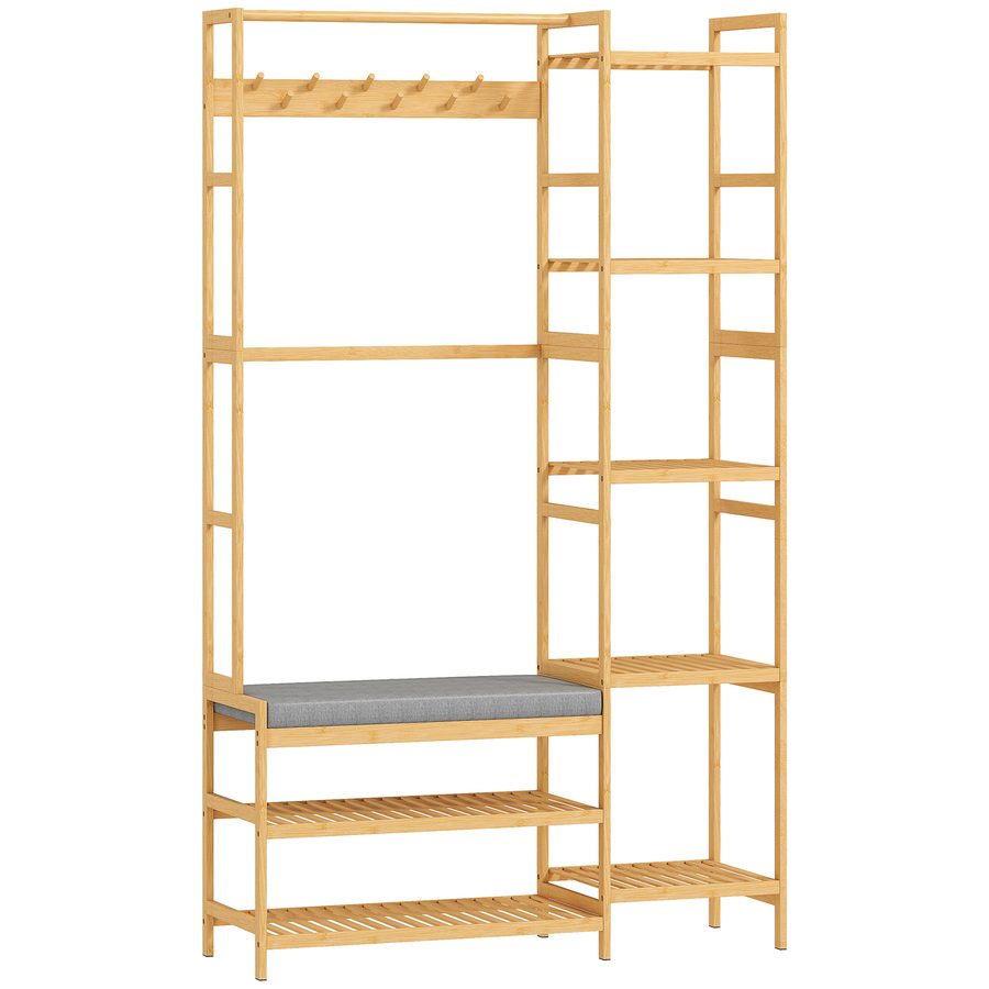 HOMCOM Garderobenständer, Kleiderständer mit 10 Haken, Gepolstert Schuhbank mit 2 Ablagen, Kleiderstange, 5 Offenen Fächern für Flur, Schlafzimmer, Wohnzimmer, Natur, Höhe 175 cm   Aosom von HOMCOM