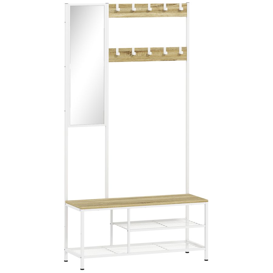 HOMCOM Garderobenständer mit Schuhregal und Spiegel, 4-in-1 Garderobe für Diele mit 3 Ablagen, Sitzbank, 10 verstellbare Haken, moderner Stil, für Flur, Schlafzimmer, Wohnzimmer, 98x34x186 cm, Naturholz   Aosom von HOMCOM