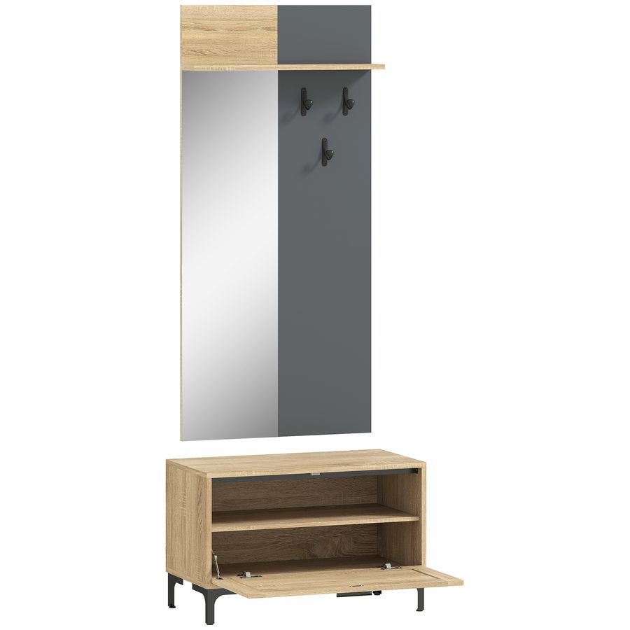 HOMCOM Garderobe Set, Garderobe mit Spiegel, Haken, Schuhbank, Ablage, Garderobenständer, Garderobenset, Flurgarderobe mit Klappschublade, für den Flur, 60 x 13,5 x 127,5 cm, Naturholz   Aosom von HOMCOM