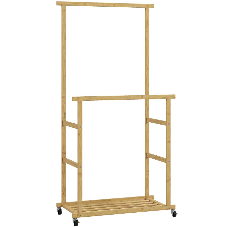 HOMCOM Kleiderständer mit Rollen, Garderobenständer mit Kleiderstange, Schuhablage, Garderobe aus Bambus für Schlafzimmer, Ausstellungen, Waschküche, Natur   Aosom von HOMCOM