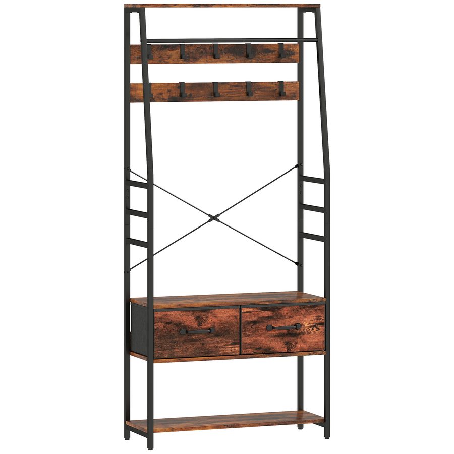 HOMCOM Garderobenständer, Kleiderständer mit 10 verstellbaren Haken, Schuhregal, Stoff-Schublade, Kleiderstange Industrie-Design für Flur, Schlafzimmer, Wohnzimmer, Rustikal-Braun, Höhe 180 cm   Aosom von HOMCOM