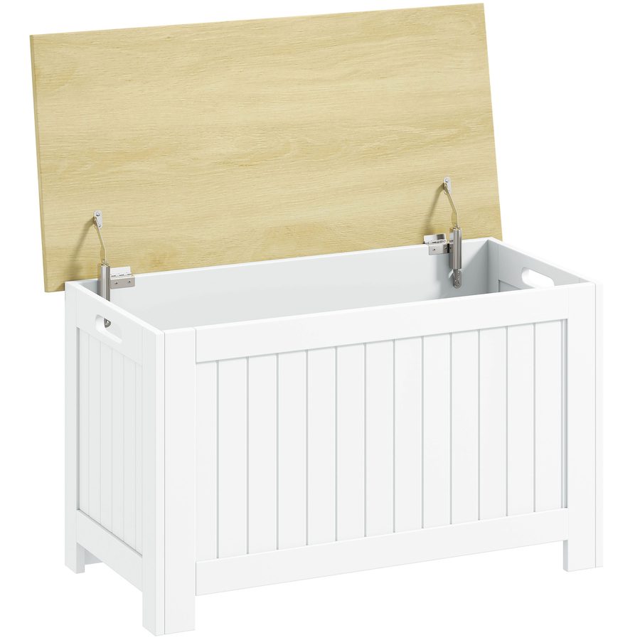HOMCOM Aufbewahrungs-Truhe für Schlafzimmer 90 L Sitzbank mit Deckel Vielseitige Truhe mit Sicherheitsscharnier für Flur Wohnzimmer 80,5x40x46,4 cm Natur und Weiß   Aosom von HOMCOM