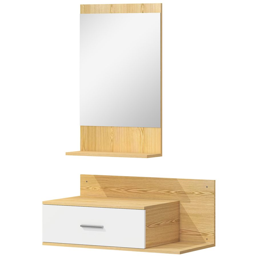 HOMCOM Wandanbau-Badmöbel mit Spiegel und Stauraum, Spiegel mit Schublade & 2 offenen Ablagen, Naturholz-Optik   Aosom von HOMCOM