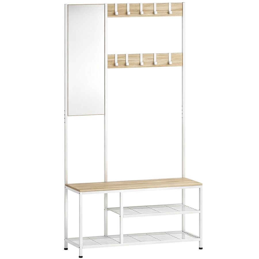 HOMCOM Garderobe mit Schuhregal 4-in-1, Garderobenmöbel mit Sitzbank, Spiegel, 8 Haken und Metallrahmen, Moderner Stil, für Eingang, Flur, Natur   Aosom von HOMCOM