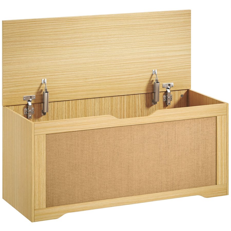 HOMCOM Stauraumtruhe 108 L, Aufbewahrungsbank mit Rattan-Front, Klappdeckel mit Stützarm, Grifflose Optik, für Flur, Diele, Schlafzimmer, Wohnzimmer, 80x40x45 cm, Eiche   Aosom von HOMCOM