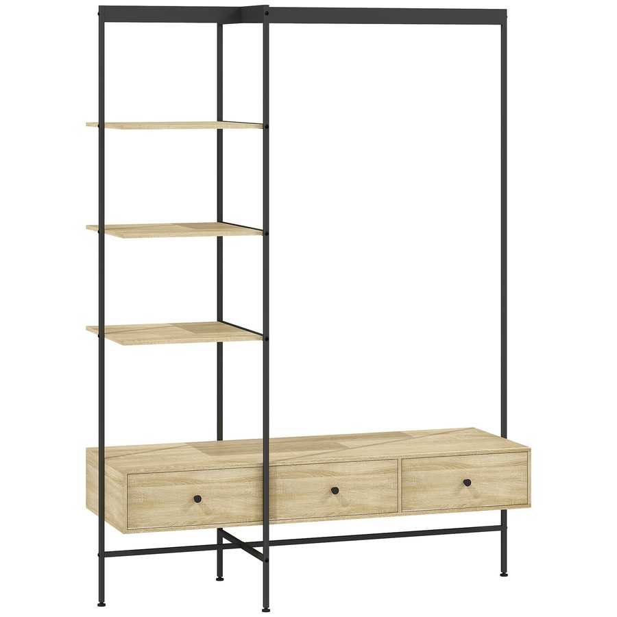 HOMCOM Garderobenständer mit Regalen, Schubladen und Kleiderstange, 180 cm freistehender Kleiderständer im modernen Stil, Metallrahmen, Kippschutz, Eiche   Aosom von HOMCOM