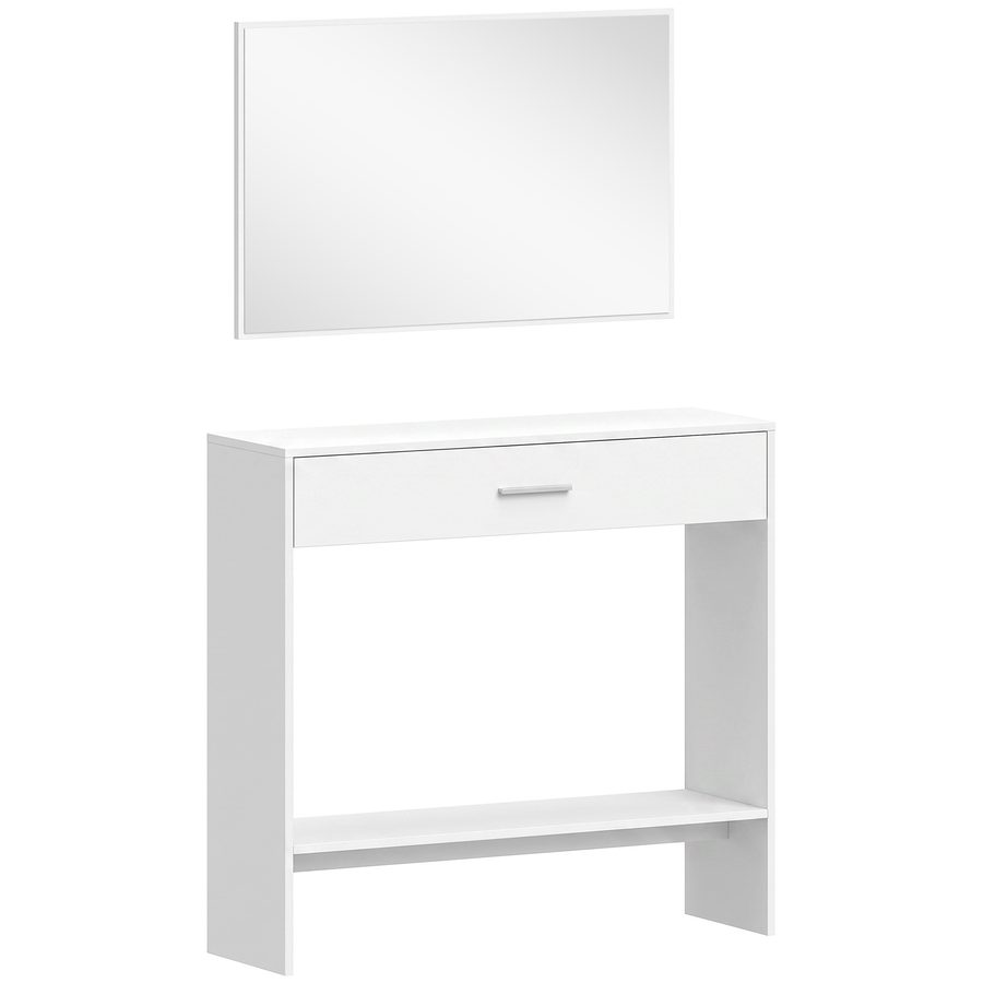 HOMCOM Flurmöbel mit Spiegel, Schublade und Ablage, 2-teiliges Set mit Konsolentisch und Spiegel, mit Antikipp-Schutz, für Flur, 91,5x27,9x85,5 cm, Weiß   Aosom von HOMCOM