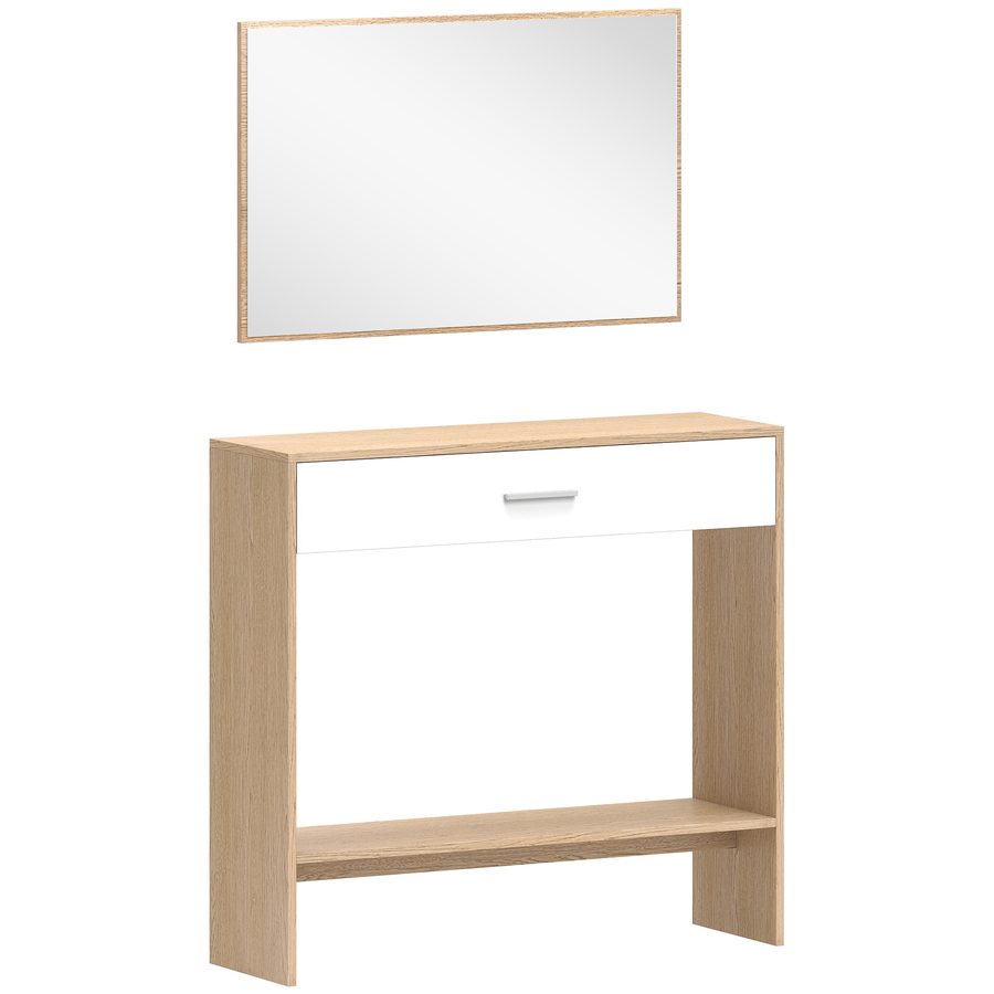 HOMCOM Konsole + Spiegel, schmaler Konsolentisch mit Schublade und Regal, moderner Stil, Eingangs- und Flurtisch, Wohnzimmer, kleine Räume, 91,5 x 27,9 x 85,5 cm, Eiche   Aosom