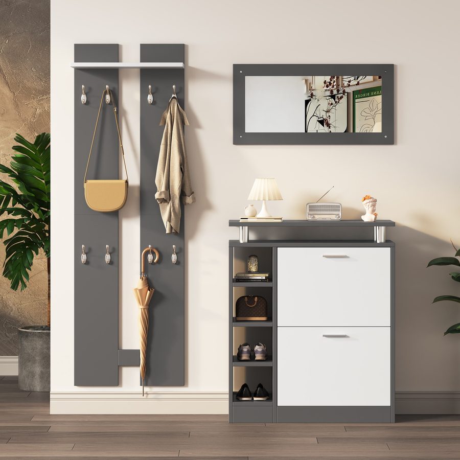 Garderoben Set Wandgarderobe mit Spiegel und Regal, 80x25x96.5 cm, für kleine Räume, Weiß+Grau   Aosom.de