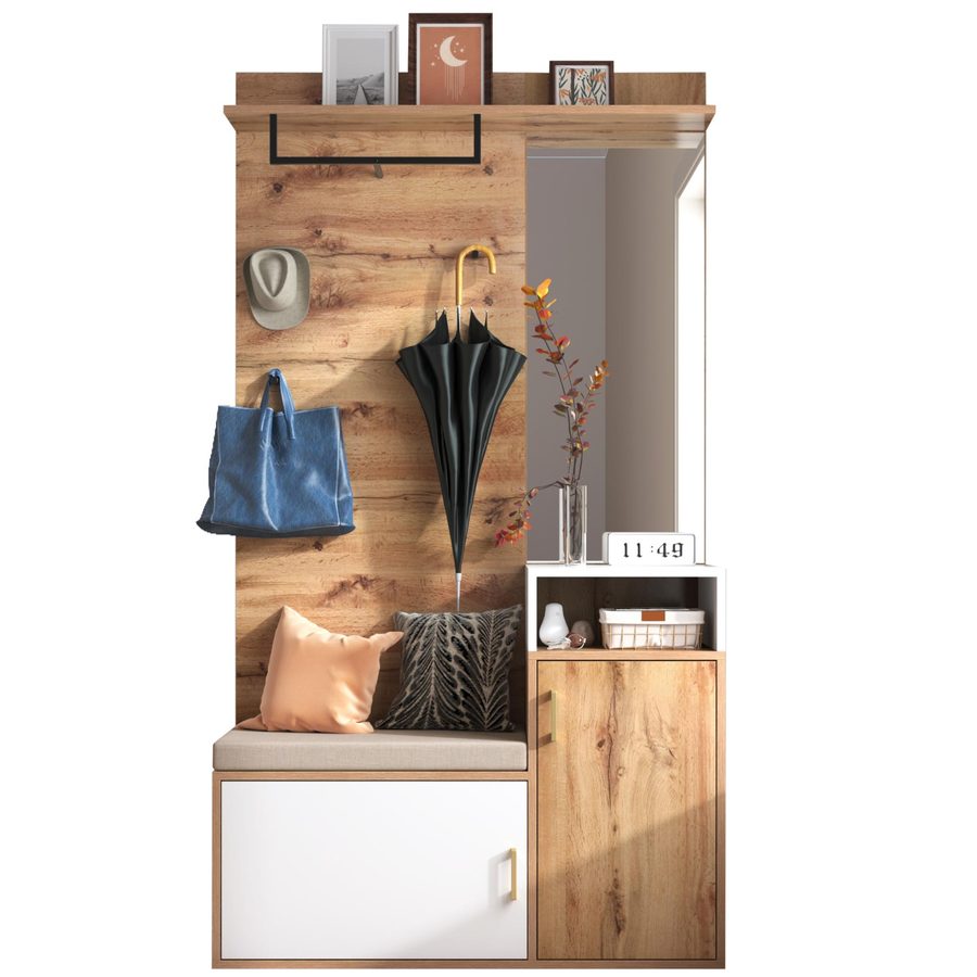 Garderoben-Set mit Spiegel, Sitzbank, 2 Schuhfächern, Haken und Garderobenstange, 105x40x190,5 cm, Weiß+Naturfarbe von GL Store
