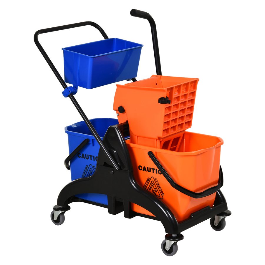 HOMCOM Reinigungswagen Professioneller Reinigungswagen mit Backenpresse 2 Eimer + Aufbewahrung Orange Blau   Aosom von HOMCOM