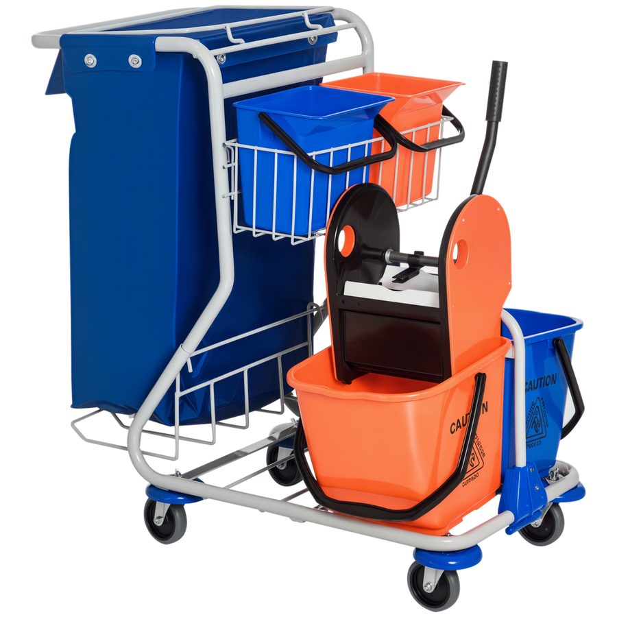 HOMCOM Professioneller Putzwagen, Doppelfahrwagen mit Moppressel, 2 x 18L & 2 x 6L Eimer, Aufbewahrungskorb, Blau Orange Für Gebäudereinigung   Aosom von HOMCOM