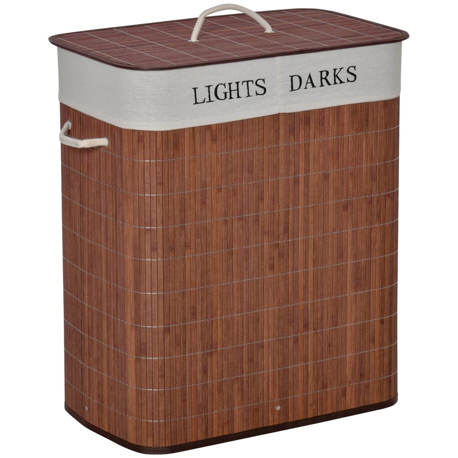 HOMCOM 100L Wäschekorb Wäschesammler Wäschebox mit 3 Griffe und waschbarem Wäschesack abnehmbar Bambus Baumwolle Metall Braun+Weiß 52x32x63cm   Aosom von HOMCOM