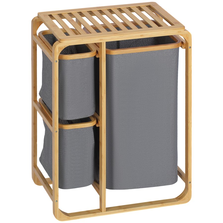 HOMCOM Wäschekorb mit Plattform  Bambus Wäschesammler mit 3 abnehmbaren Wäschesäcken, Wäschesortierer, Grau+Natur, 50x32x69,7cm  Aosom von HOMCOM
