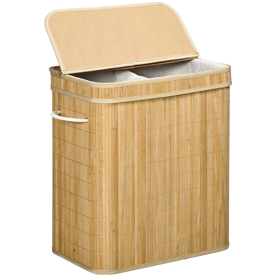 HOMCOM Bambus Wäschekorb mit Deckel und Griffen, 90 Liter Kapazität mit 2 Abschnitten und einem abnehmbaren Stoffbeutel - 54,2 x 35,2 x 59,5 cm   Aosom von HOMCOM