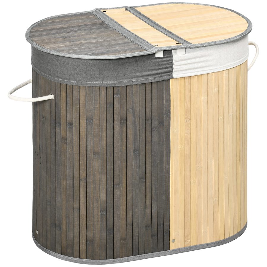HOMCOM Bambus Wäschekorb mit Deckel 100L Wäschesammler mit Griffen, 2 herausnehmbarer Wäschesack, Wäschesortierer Wäschebox für Waschküche, Badezimmer, Schlafzimmer, Grau+Natur   Aosom von HOMCOM