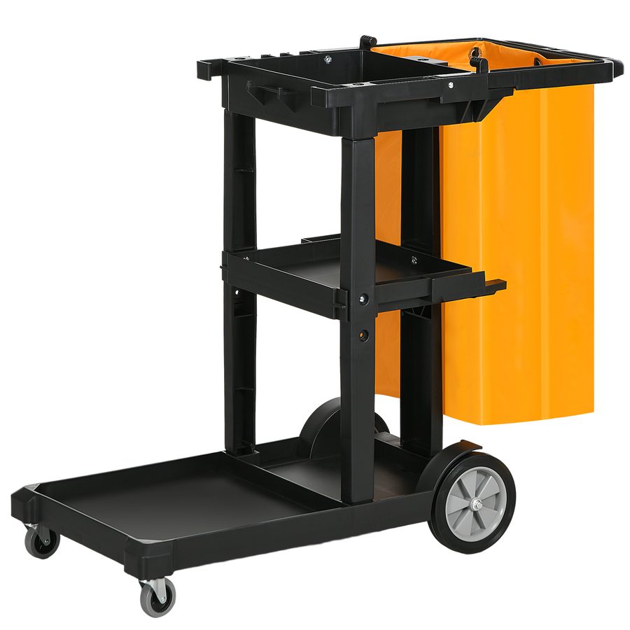 HOMCOM Professioneller Reinigungswagen mit 3 Regalen, Besenhaken und 100L Beutel, Mehrzweckwagen aus Kunststoff für Hotel, Gasthaus und Restaurant, 121x50.5x96.5 cm, Schwarz   Aosom von HOMCOM