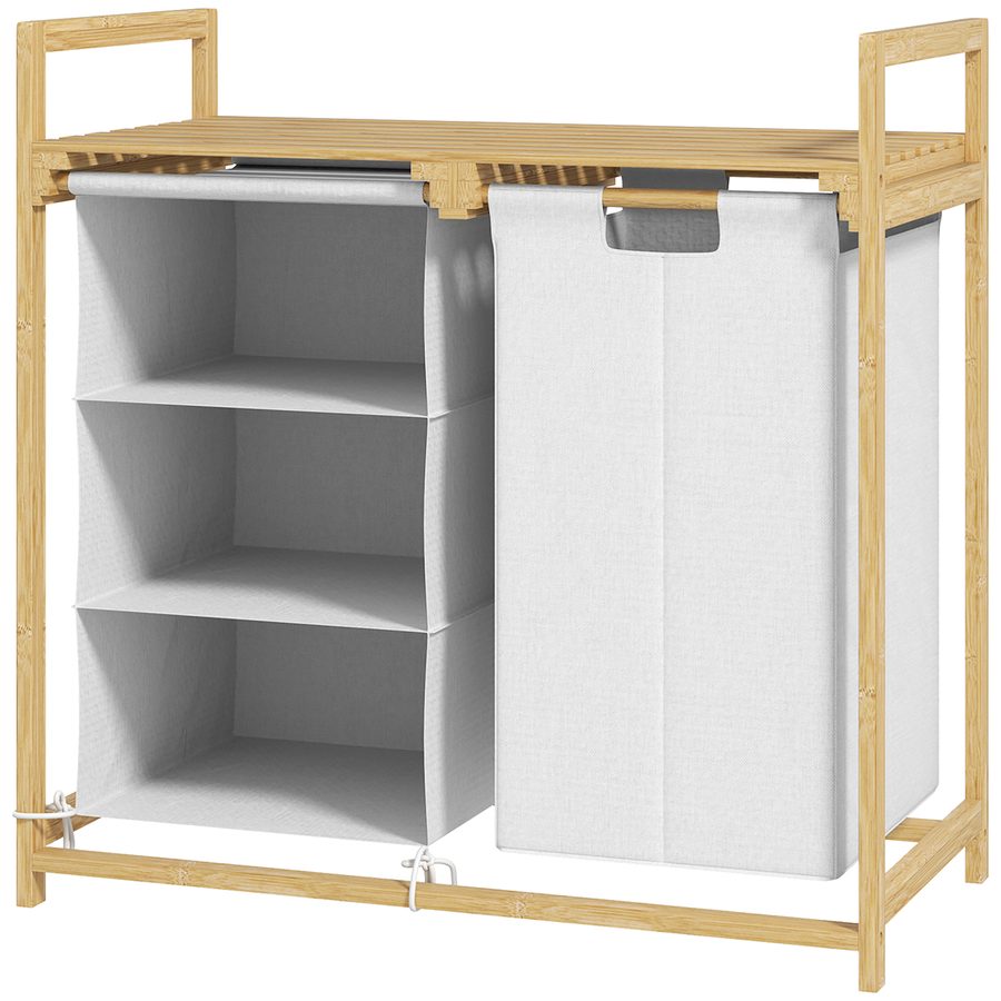 HOMCOM Wäschekorb 4 Fächer Wäschesammler mit 2 ausziehbaren & abnehmbaren Wäschesäcken aus Vliesstoff, Ablage 83L Wäschebox mit Griff Wäschesortierer 70 x 36 x 70 cm Bambus Weiß   Aosom von HOMCOM