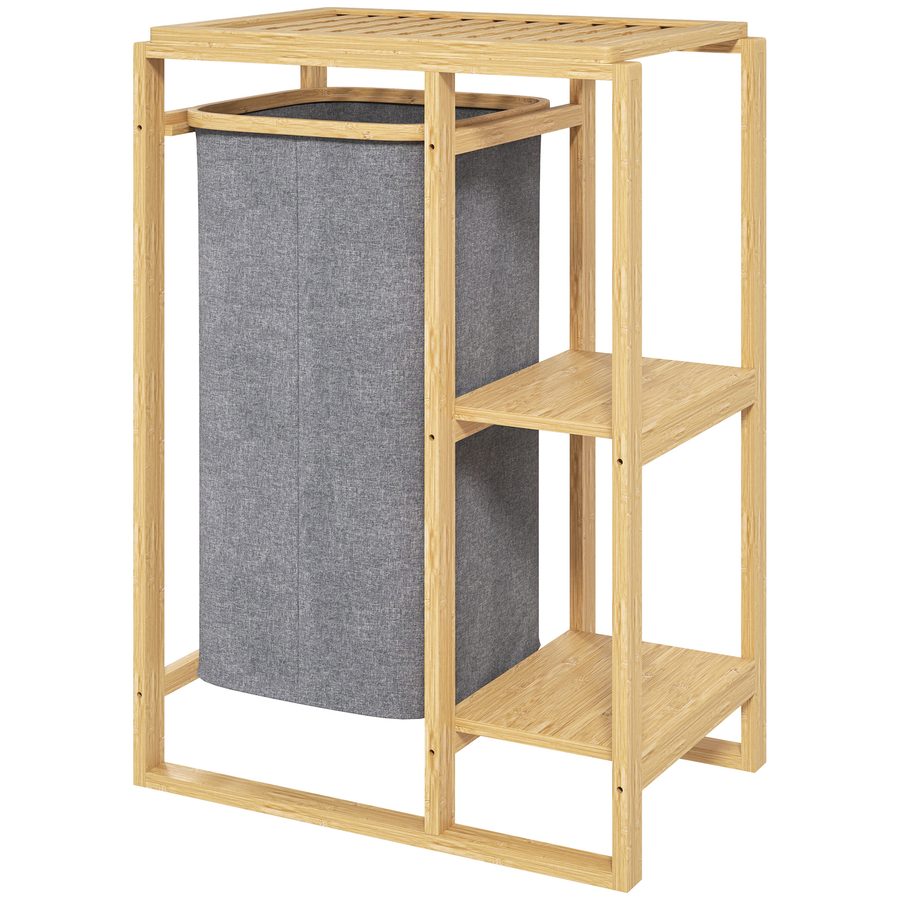 HOMCOM Wäschekorb mit Herausnehmbarem Beutel, Wäschekorb aus Bambus mit Lamellenregalen, 50x32x70 cm, Grau   Aosom von HOMCOM