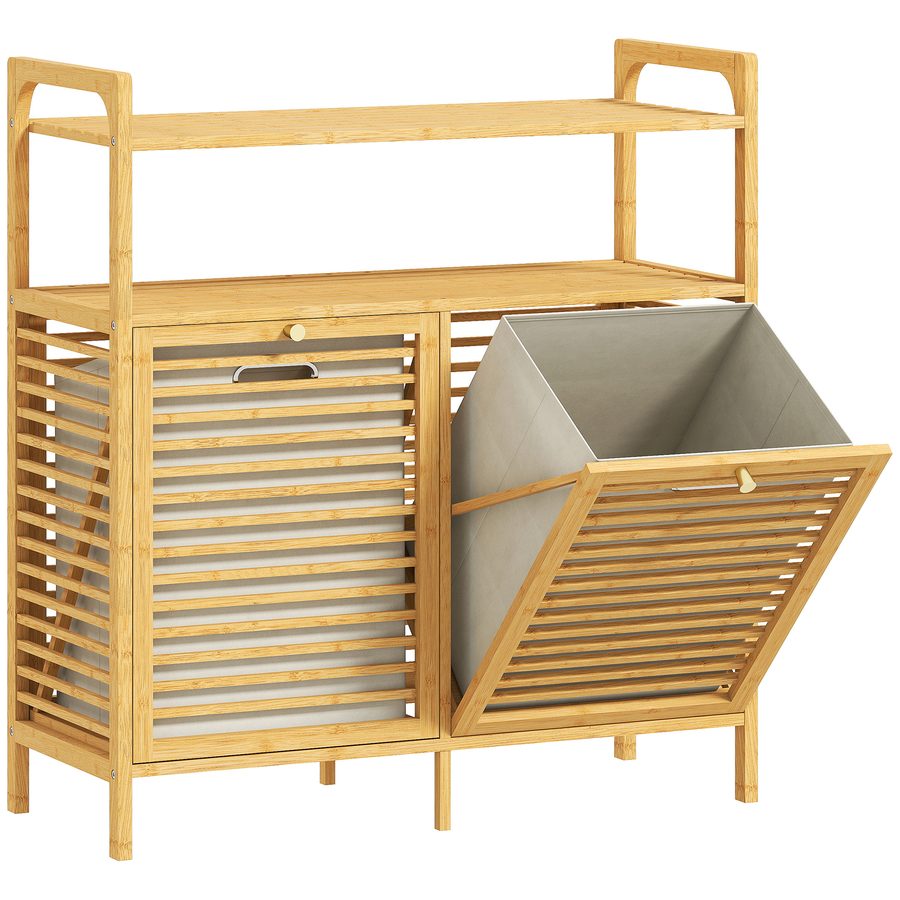 HOMCOM Badezimmerschrank mit 2 herausnehmbaren Wäschekörben Wäscheschrank aus Bambus mit 2 Ablagefächern Badschrank mit Griffen, Wäschesammler, Badmöbel für Badezimmer Natur 82 x 33 x 88 cm   Aosom von HOMCOM
