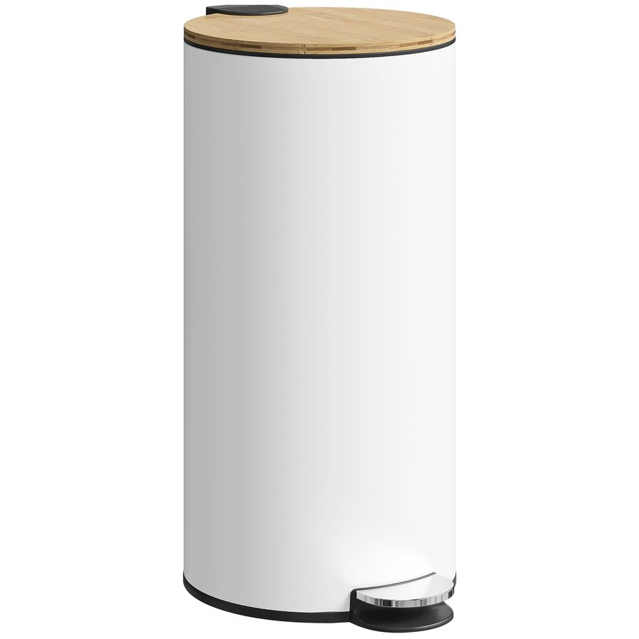 HOMCOM Küchenabfalleimer mit Pedal, 30L, Metallabfalleimer mit Bambusdeckel mit Soft-Close und herausnehmbarem Eimer, für Schlafzimmer, Büro, Arbeitszimmer und Wohnzimmer, 36x30x60,5 cm, Weiß   Aosom von HOMCOM