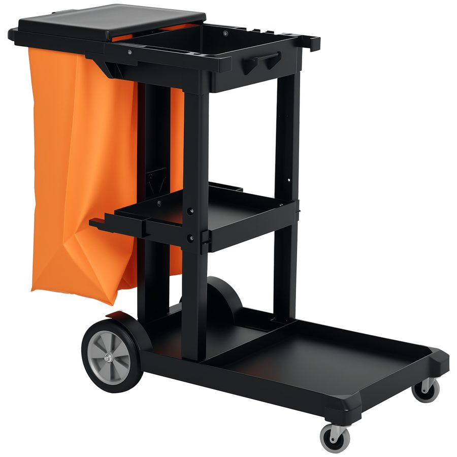 HOMCOM Reinigungswagen Putzwagen mit 3 Ablagefächern Wischwagen mit Müllsack mit Abdeckung, Griff, Rollen für Gewerbe, Hotel, Einkaufszentren, Büro, Outdoor 121 x 50,5 x 100 cm Schwarz   Aosom von HOMCOM