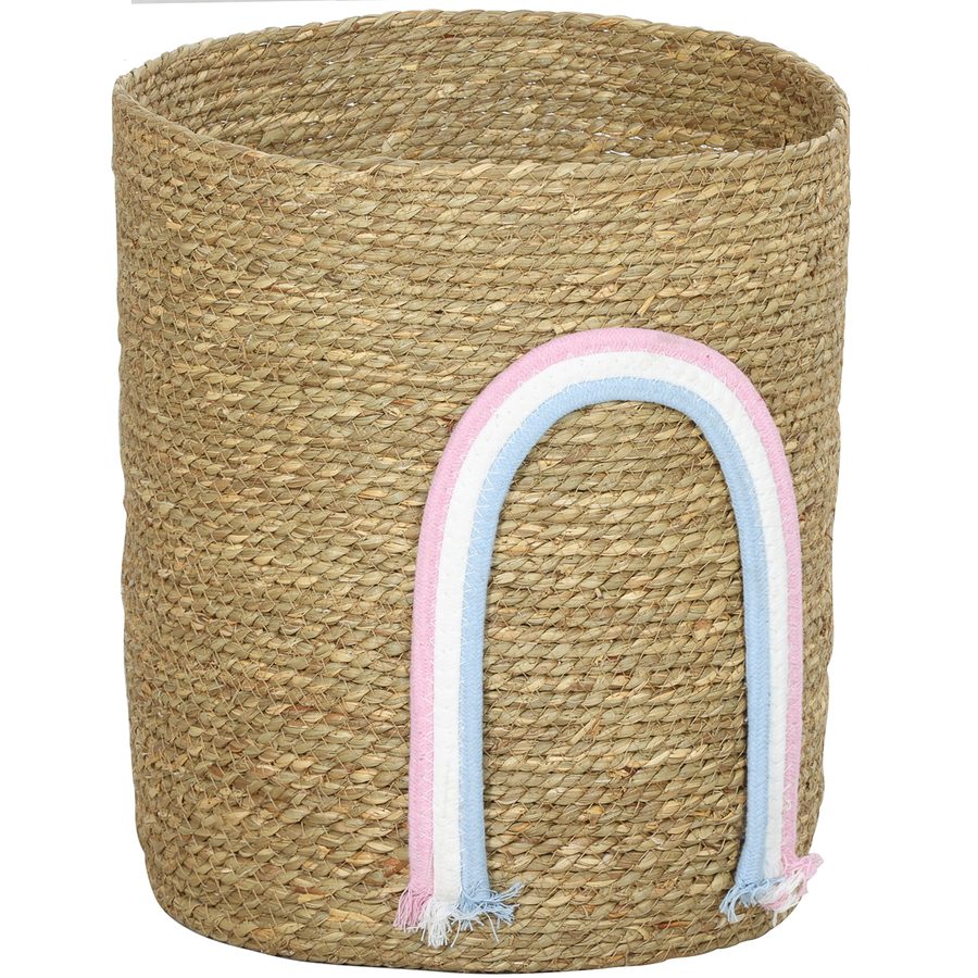 HOMCOM Aufbewahrungskorb Geflochten, Seegras Korb, Wäschekorb mit Regenbogen-Dekoration für Organisieren von Spielzeug und Kleidung fürs Kinderzimmer, Natur, 30x30x35 cm   Aosom von HOMCOM