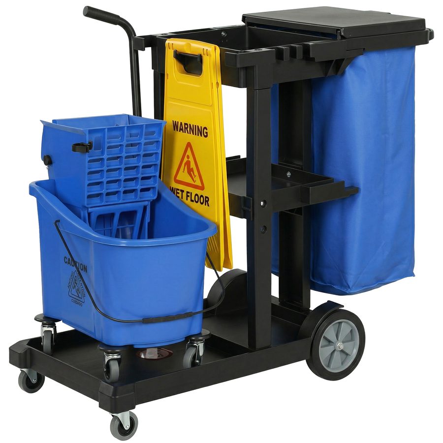 HOMCOM Putzwagen Reinigungswagen mit 3 Ebenen Wischwagen mit 70 L Müllsack mit Abdeckung, Rollen, Moppeimer mit Presse und Werkzeughaltern, Warnschild für Hotel, Einkaufszentren, Büro 122x46,5x101 cm   Aosom von HOMCOM