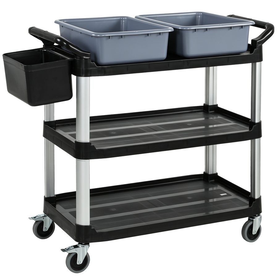 HOMCOM Professioneller Reinigungswagen mit 3 Ablagen aus Metall und Kunststoff, 2 abnehmbaren Behältern, seitlichem Eimer und 4 Rollen, für Hotel und Gastronomie, Tragfähigkeit 100 kg, 115x50x100 cm, Schwarz   Aosom